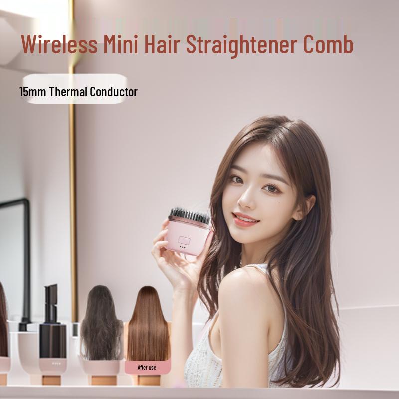 Wireless Mini Straightening & Curling Comb: Smooth No-Tug Ceramic Heating Pink Mini Straightening Comb ZS-001