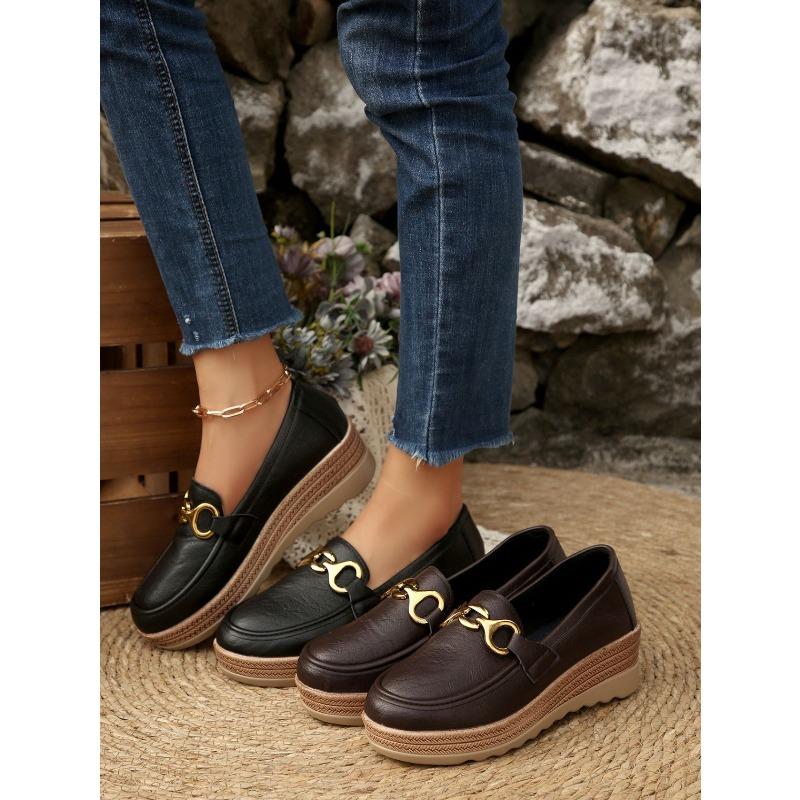 Plus Size Metal Chain Wedge Shoes Women's New Platform Muffin Loafers for Fall 2025