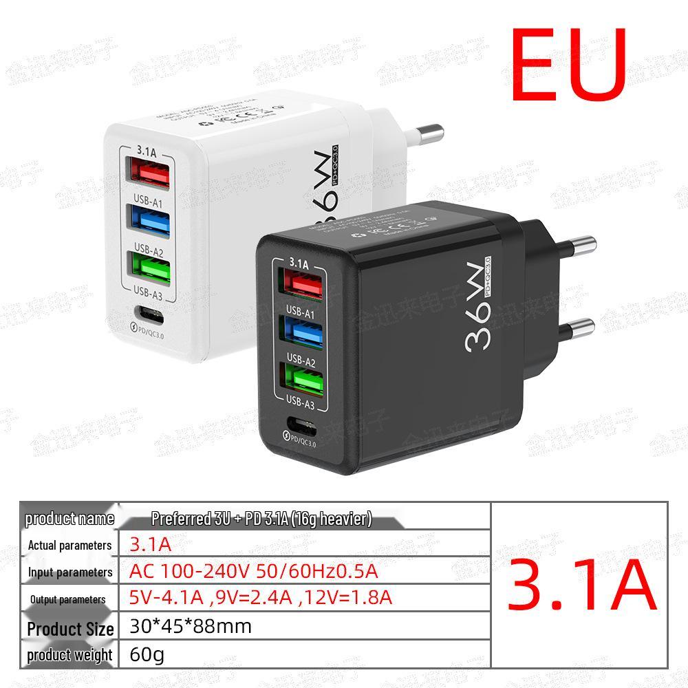 36W Multi-Port Charger with 3A+1C Ports, UK Standard, High-Power 3.1A Flash Charging