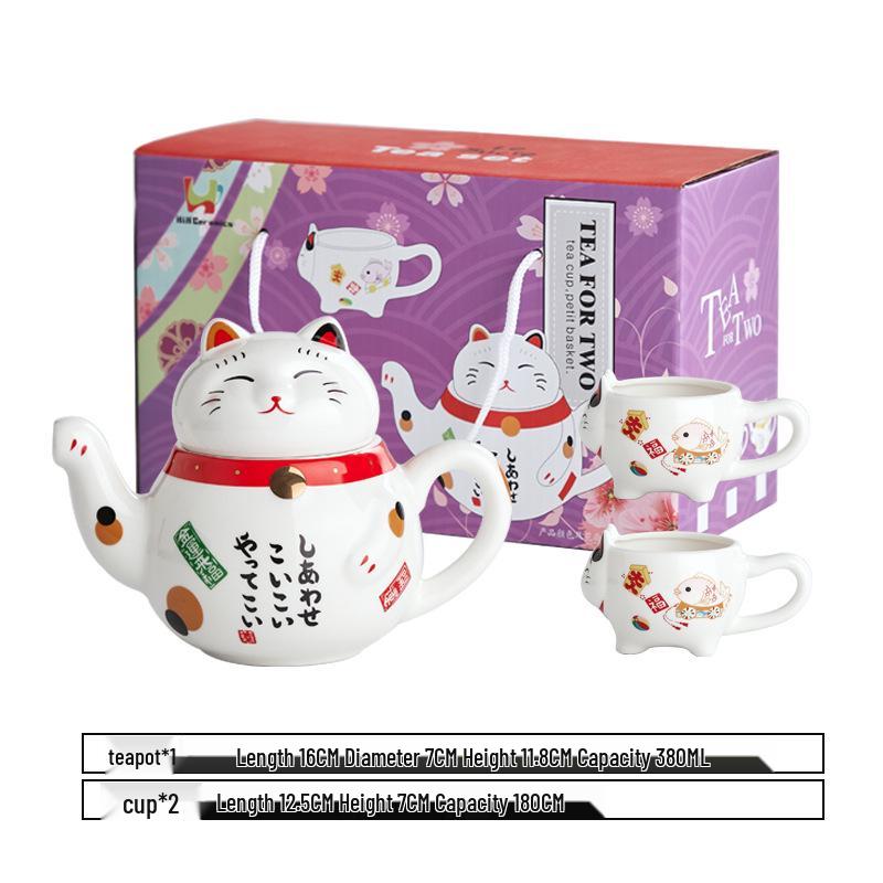 Japanese Lucky Cat Ceramic Teapot Set – One Pot, Two Cups, Filtered Tea Souvenir Gift