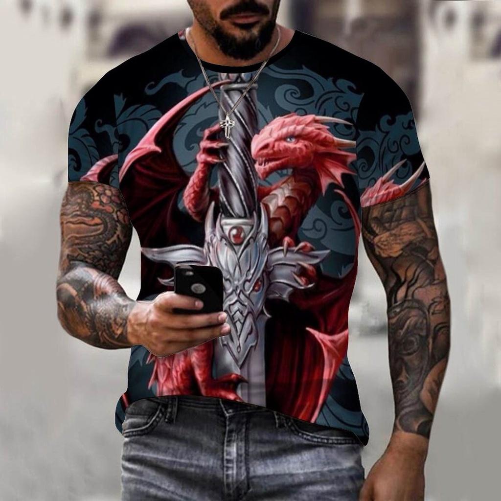 Summer 3D T-shirt Viking Tattoo Dragon Super Hot Large Men's T-shirt Short Sleeve Polyester Casual Hip Hop Top
