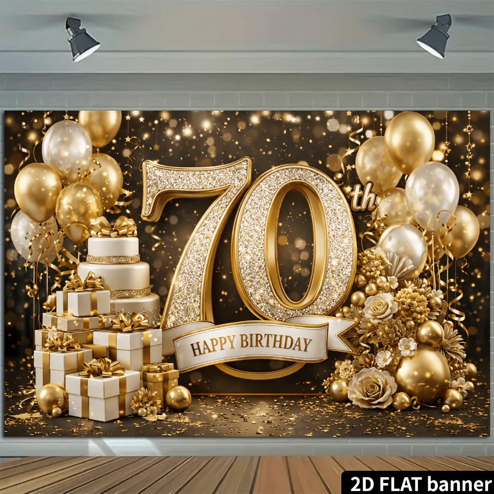 2D Flat 70th Birthday Party Banner Backdrop Black Gold Theme With Gold70 Balloons Birthday Cake Gift Box Decor Elements Made with Durable