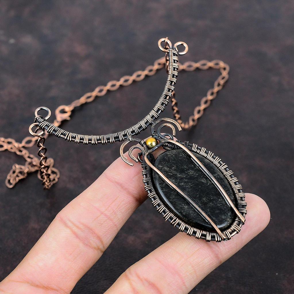Collier en obsidienne argentée brillante Collier réglable enveloppé de fil de cuivre Bijoux en cuivre faits à la main Collier en pierres précieuses Cadeau de bijoux décent pour maman