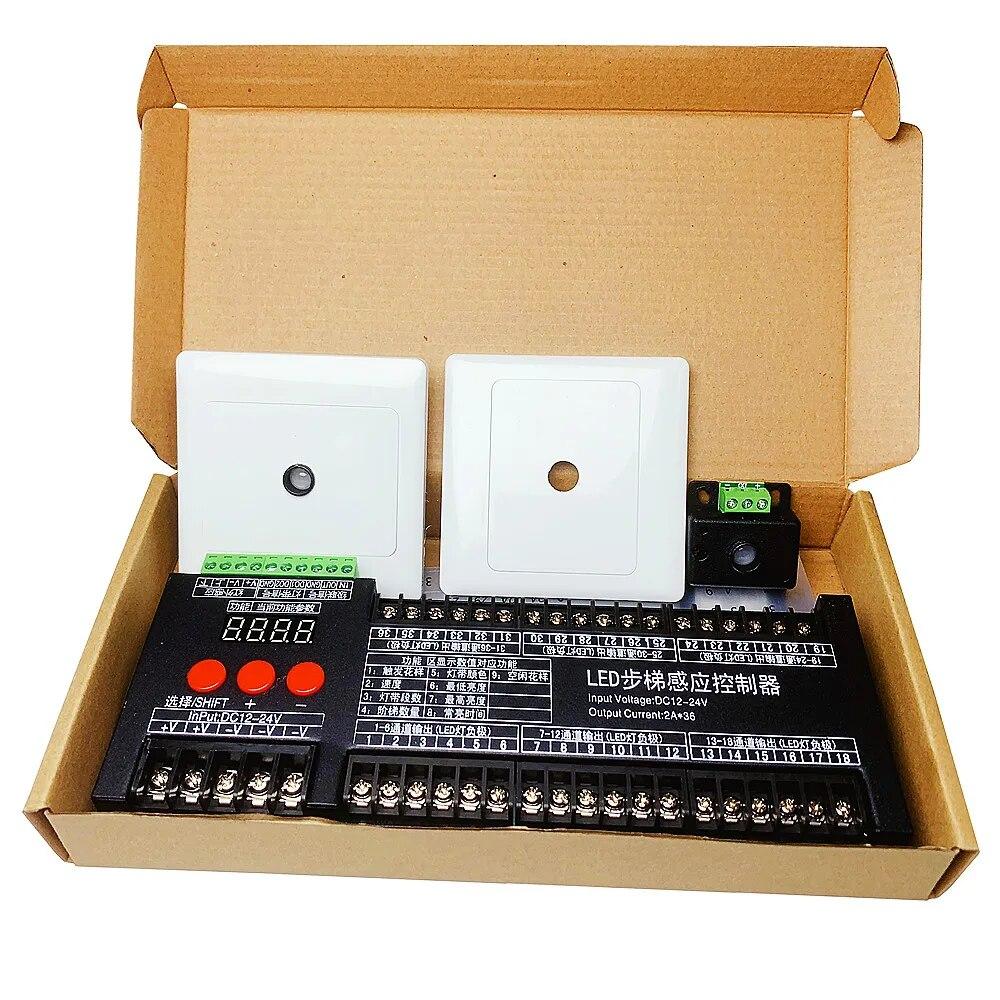 

Stair LED Motion Sensor Light Controller DC 12V 24V 36 Channels Step Single Color Strip And 2 Ways Side Running IC Tape Dimmer