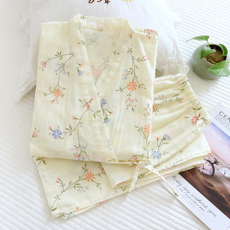 Yedi Kollu Kimono Pijama Seti Kadın İlkbahar ve Sonbahar %100 Pamuk Gazlı Bez Ev Giyim Şirin Tatlı