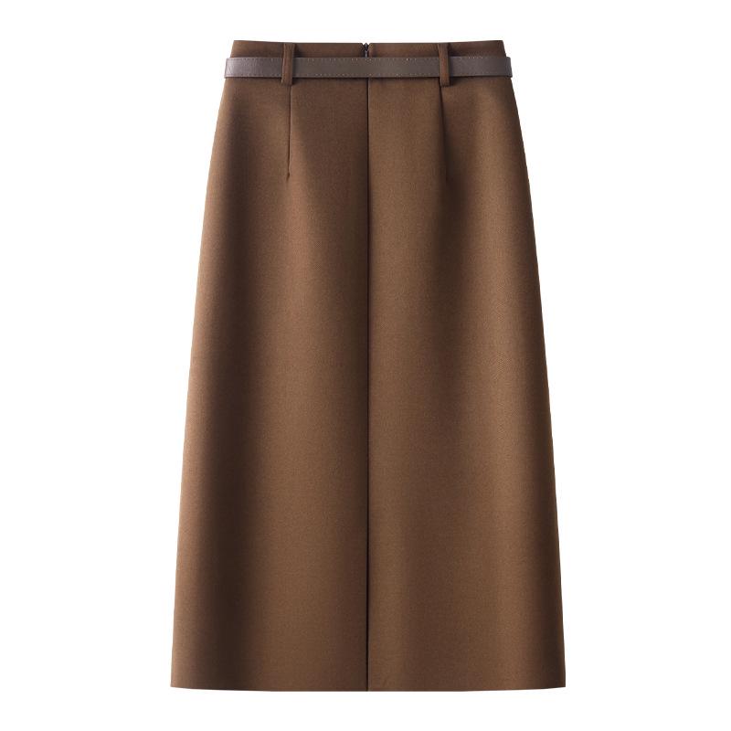 2024 Women's High Waist Angora Red Wool Midi Skirt - Autumn Winter Bodycon Style with Slit