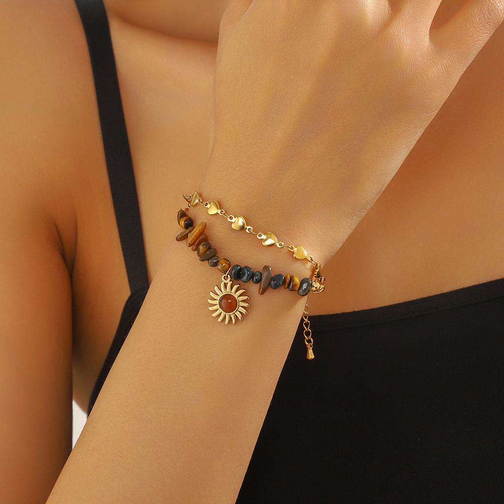 Stainless Steell Maillard Sun Flower Heart Bilayer Bracelet Women Hand Chain Jewelry Gift