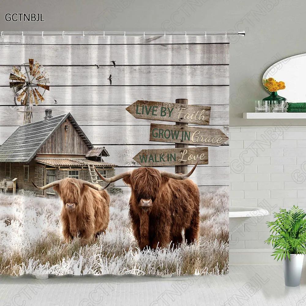 Funny Highland Bull Shower Curtains Set Western Bull Portrait Brown Wood Panel Rustic Landscape Barn Bath Curtain Bathroom Decor