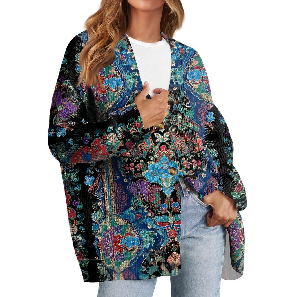 Women's Fashion Long Sleeve Print V-Neck Button Loose Cardigan Top