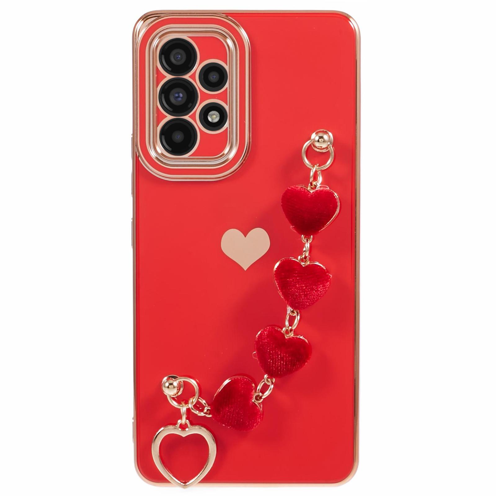 

For Samsung Galaxy A13 4G Case Heart Print TPU Electroplating Phone Cover with Hand Strap Red