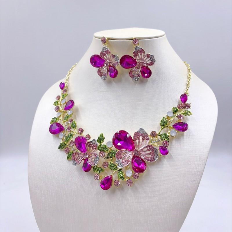 Sparkling Colorful Crystal Gemstone Necklace Earring Set Women Wedding Party Stage Accessory Floral Fashion Jewelry