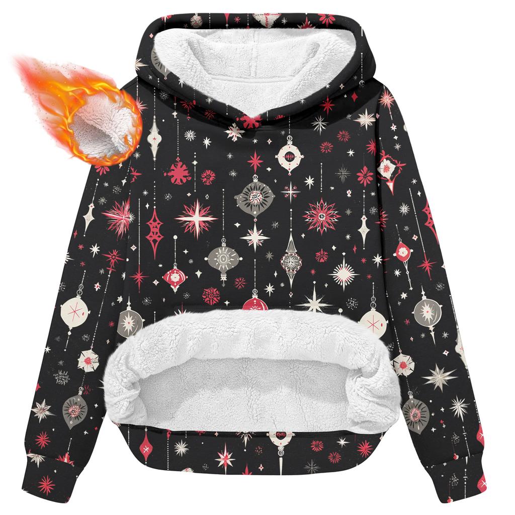 Women's Fashionable Casual Long-Sleeved Christmas Print Fleece-Lined Thick Hooded Sweatshirt