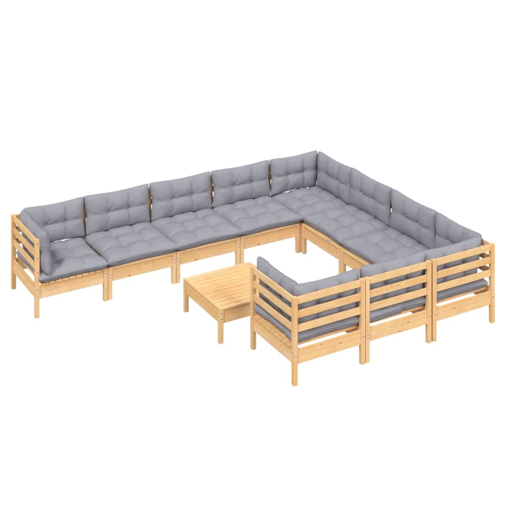 Vidaxl 11-Cz. Garden Lounge Set, Grey Cushions, Pine
