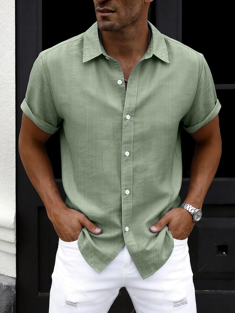 New summer men's plus size shirt teen solid color short-sleeved lapel shirt top men's