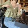 Pure Desire Short Hanging Neck Tank Top Long Sleeve Lace-up Cardigan 2Pcs Set Women Green T-shirt Slim Small Size Korean Fashion