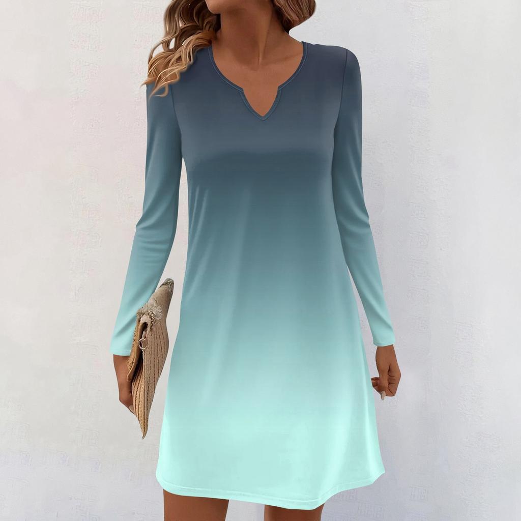 Women's Long-sleeved Casual Midi Dresses V-Neck Print  Casual Dress