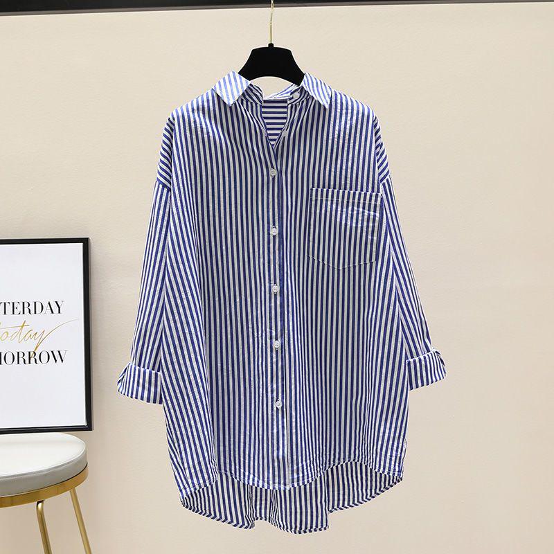 

2025 Spring/Autumn Korean Style Women s Mid-Length Vertical Striped Shirt Coat S синій