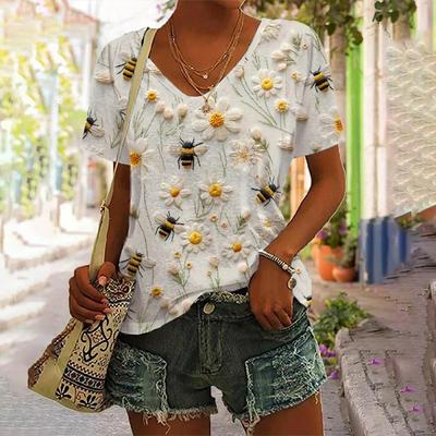 Damen T-Shirt mit V-Ausschnitt und kurzen Ärmeln, niedlicher Bienendruck, lässiger Pullover mit Ärmeln, übergroßes T-Shirt, Damenmode, Sommer