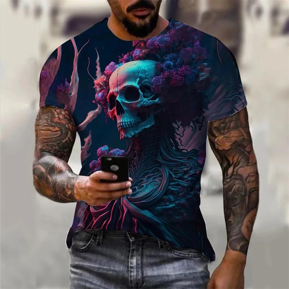 Men's Summer Skull Print T-Shirt Soft Breathable Round Neck Outdoor Street Style Casual Graphic Tee Comfort Top