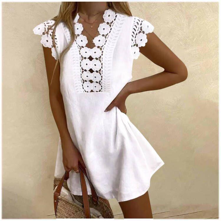 Wish Ladies Solid Color Washed Wrinkled Lace Summer Cool Dress
