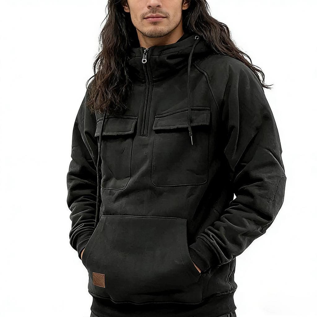 Loose Multi-pocket Solid Hooded Warm Thick Men's Hoodie New Fashion Color Long-sleeved Winter Casual Sweatshirt