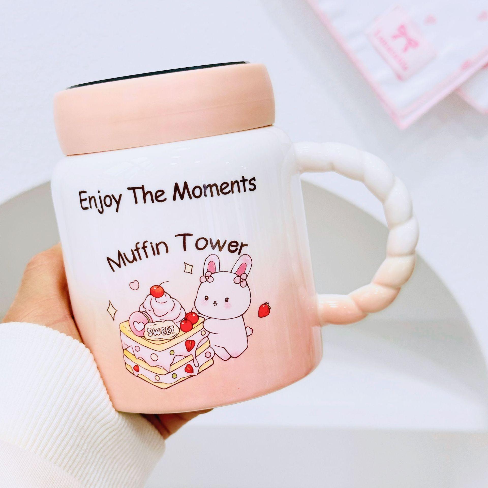 

Dustproof Spoon Mirror Cup with Cover Cartoon Cute Rabbit Bread High value Ceramic Cup Gift Box Set for Girls Water Cup 400ML
