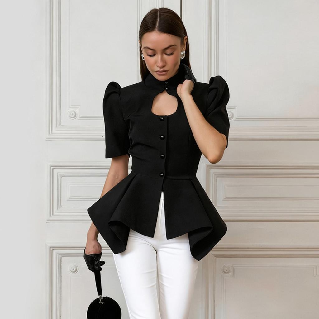 Frühling Sommer Neu Damen Stehkragen Puffärmel Tailliertes Hemd Elegantes Schlankmachendes Lässiges Blusenoberteil