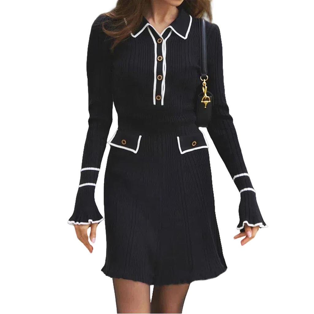 Ladies' Casual Color Long Sleeved Flared Knit Slimming Lapel Dress