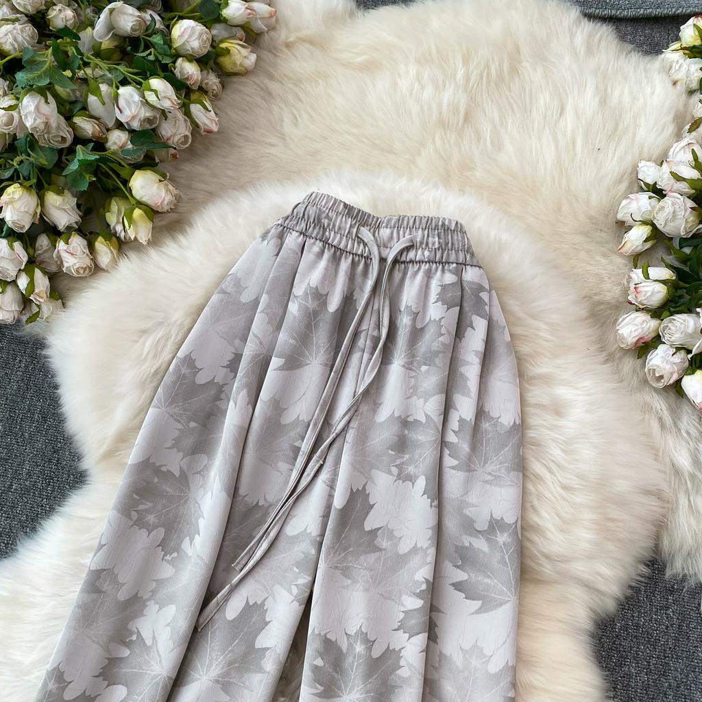High Quality Ink-wash Acetate Satin Tie-Dye Rayon Wide-Leg Pants for Women Summer High-Waisted Slimming Loose-Fit Trousers