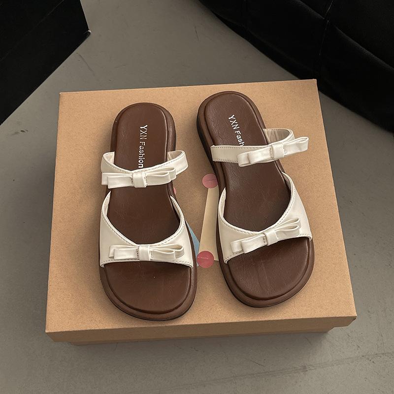 

Bow-tie flat-bottomed slippers for women s summer wear, new fashionable versatile open-toe double-belt cool slippers 40 бежевый