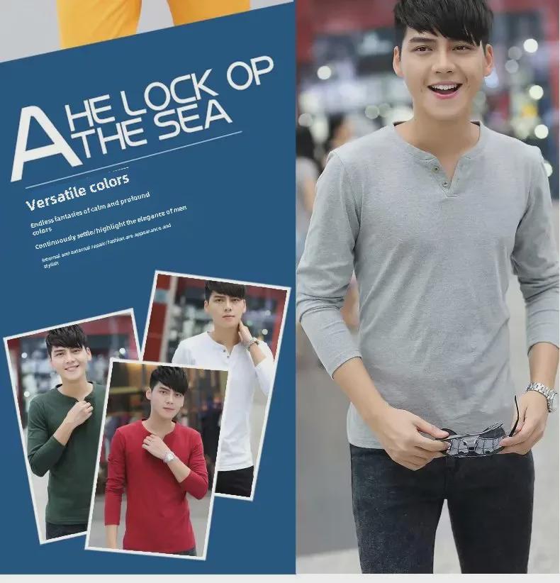 Herren-T-Shirt aus Baumwolle im koreanischen Stil mit V-Ausschnitt und langen Ärmeln und schmaler Passform