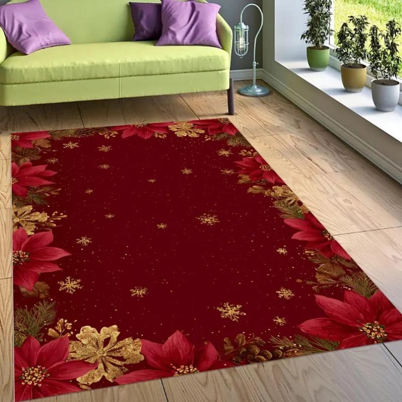 Christmas Rug, Red Poinsettia Rugs, Holiday Floral Mat, Festive Gold Snowflake Rug, Xmas Border Rug, Elegant Christmas Decor Rug
