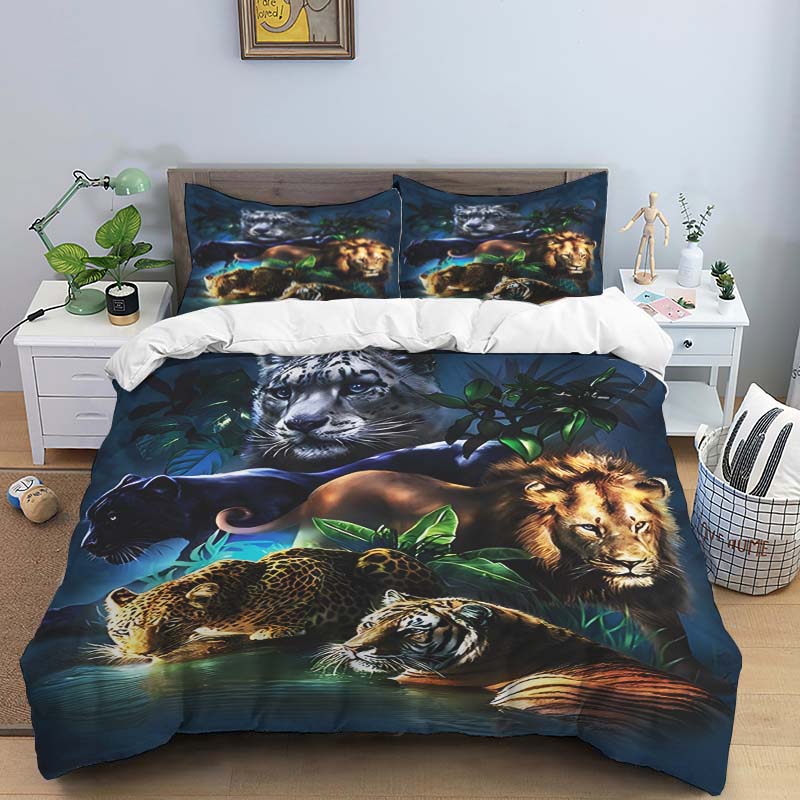 Blue Light Jungle White Tiger Animal Print Bedding Set (3-Piece) - Domineering White Tiger Pattern Duvet Cover and Pillowcase Se