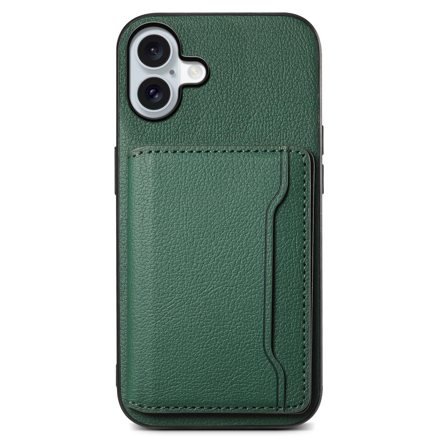 

For iPhone 16 Case Card Holder Kickstand Leather Coated PC+TPU Phone Cover