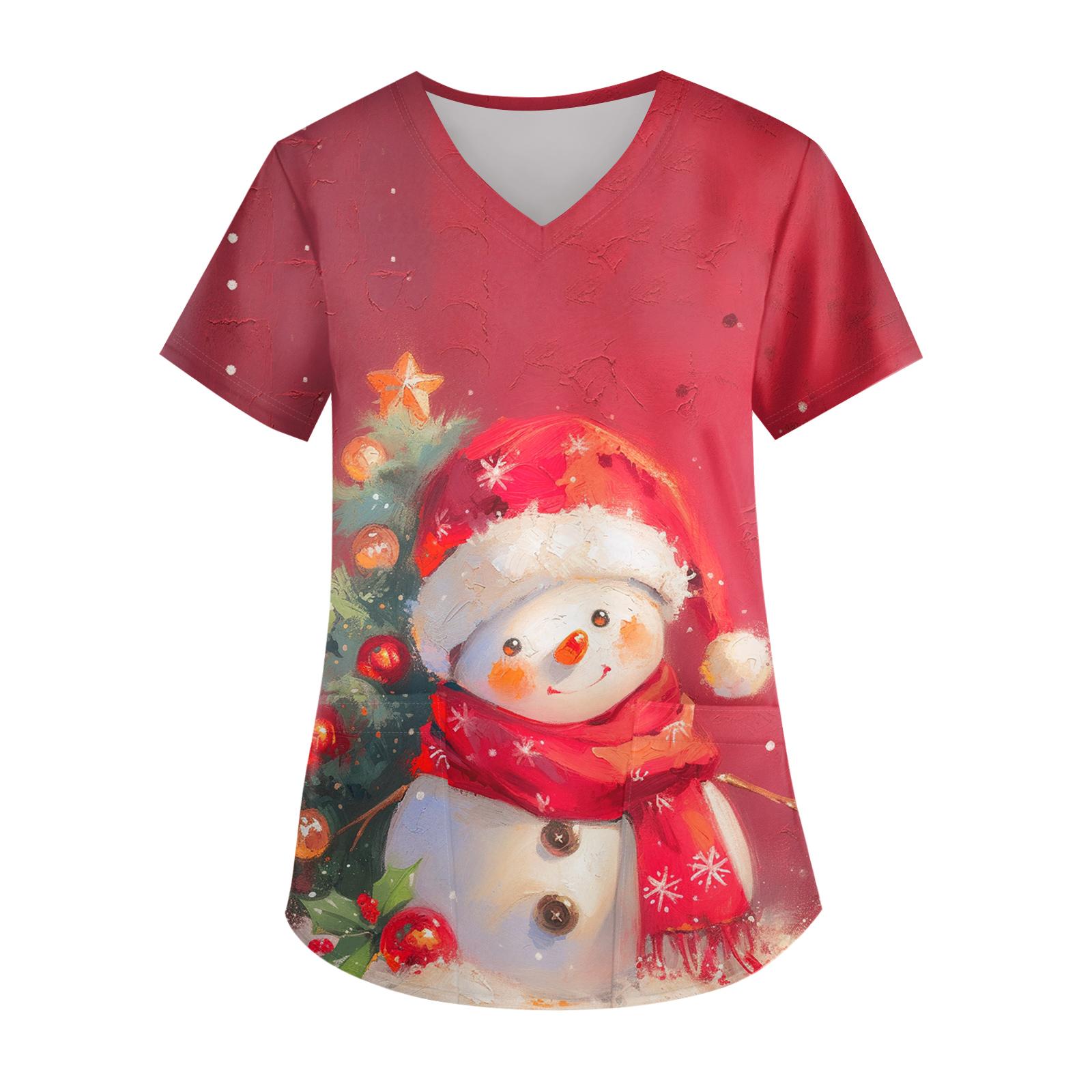

Ladies Christmas Printed Fashionable V-neck Pocket Short Sleeved Uniform And Caregiver Top XXXL винный