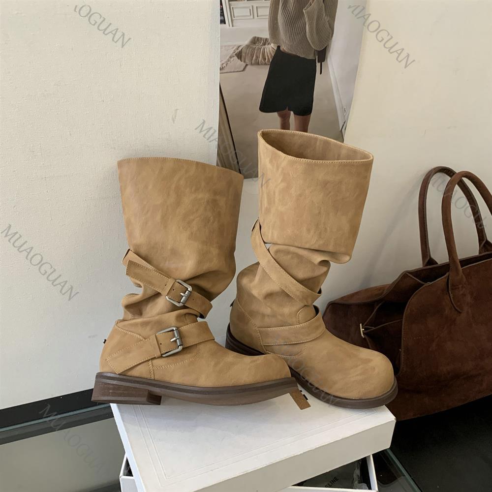 Women Western Thigh High Boots Chunky Heel Round Toe Leather Slip On Knee High Knight Boots With Belt Buckle For Spring Autumn