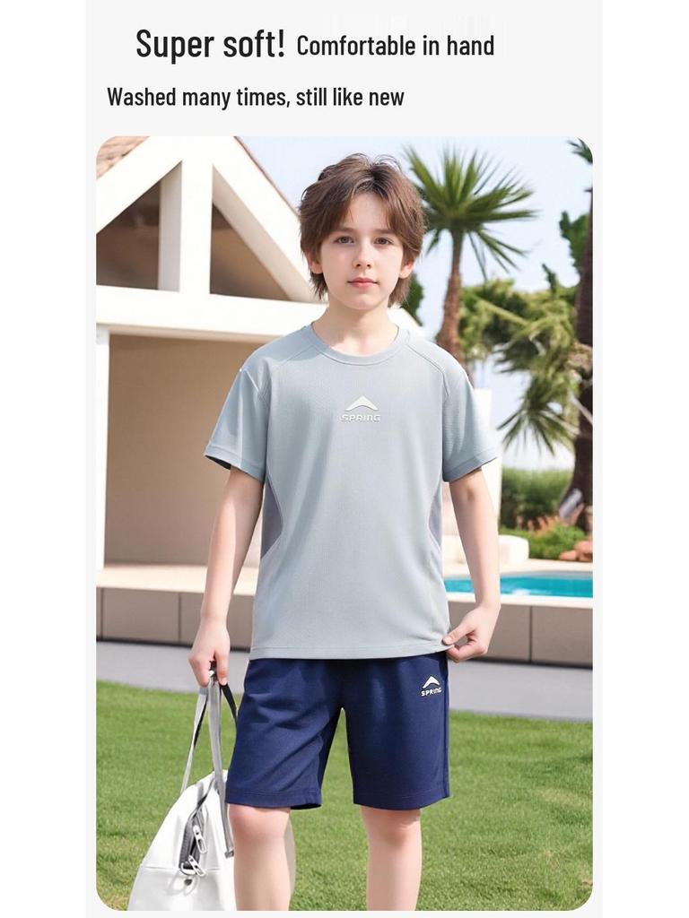 Boys' Summer Quick-Dry Sports Set - Short Sleeve & Shorts, Ice Silk, Lightweight Outdoor Wear