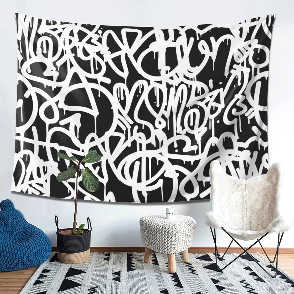 Wandteppich mit Graffiti-Motiv in Schwarz-Weiß – Ästhetische Wanddekoration für Wohnzimmer, Schlafzimmer und Zuhause