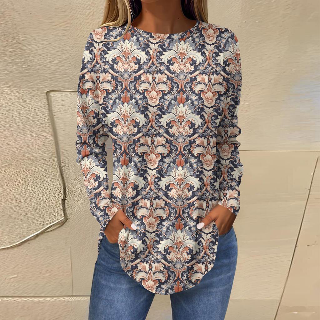 Shirts For Women Cute  Vintage Pattern Print T-Shirt Long Sleeve Tunic Tops Cotton Pullovers