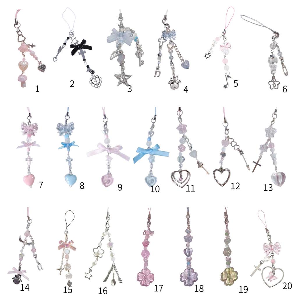 Stylish Bowknot Phone Chain Heart Flower Charm Pendant Keychain Backpack Decoration for Cellphone Key Bag Phone Lanyard
