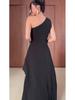 Autumn 2025 European & American Women's Black Asymmetrical Sleeveless Elegant Dress