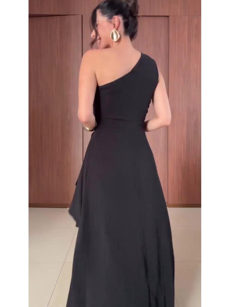 Autumn 2025 European & American Women's Black Asymmetrical Sleeveless Elegant Dress
