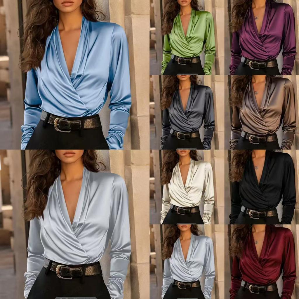 Elegant Satin V-Neck Blouse - Professional Long-Sleeve Versatile Top for Office & Daily Wear (Multiple Colors)