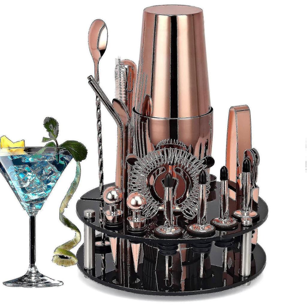 Barkeeper-Set, 20-teiliges Roségold Cocktailshaker-Set Mit Drehendem Acryl-Ständer, für Mixgetränke Martini Hausbar-Werkzeuge - pengjun