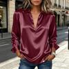Women's Satin Button Collar Shirt Long Sleeve Silk Feel Blouse Split Hem Smooth Fabric Top for Casual Workwear