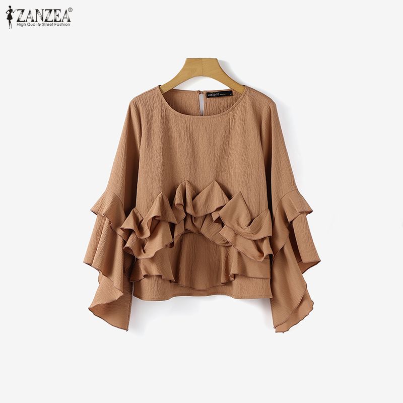 ZANZEA Womens Casual Round Neck Long Sleeve Ruffles Splice Loose Blouse