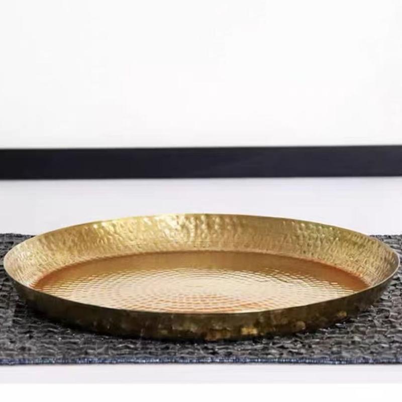 Vintage Engraving Hammer Texture Brass Coffee Cup Tray,Teacup Saucer Home Cheese 35 cm Fruit Plate,Snack Disc Table Decoration