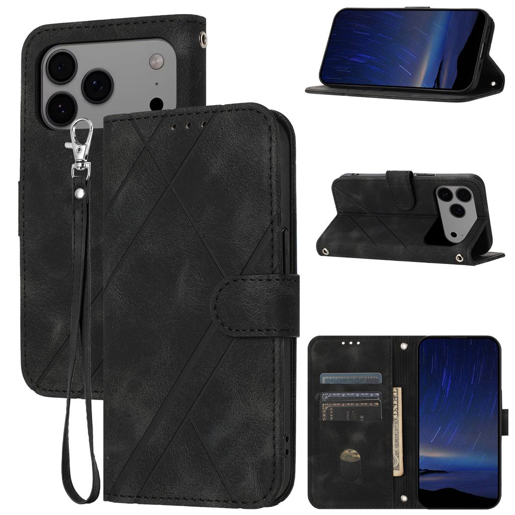 For iPhone 17 Pro Max Case Imprinted Line Leather Phone Cover with Handy Strap