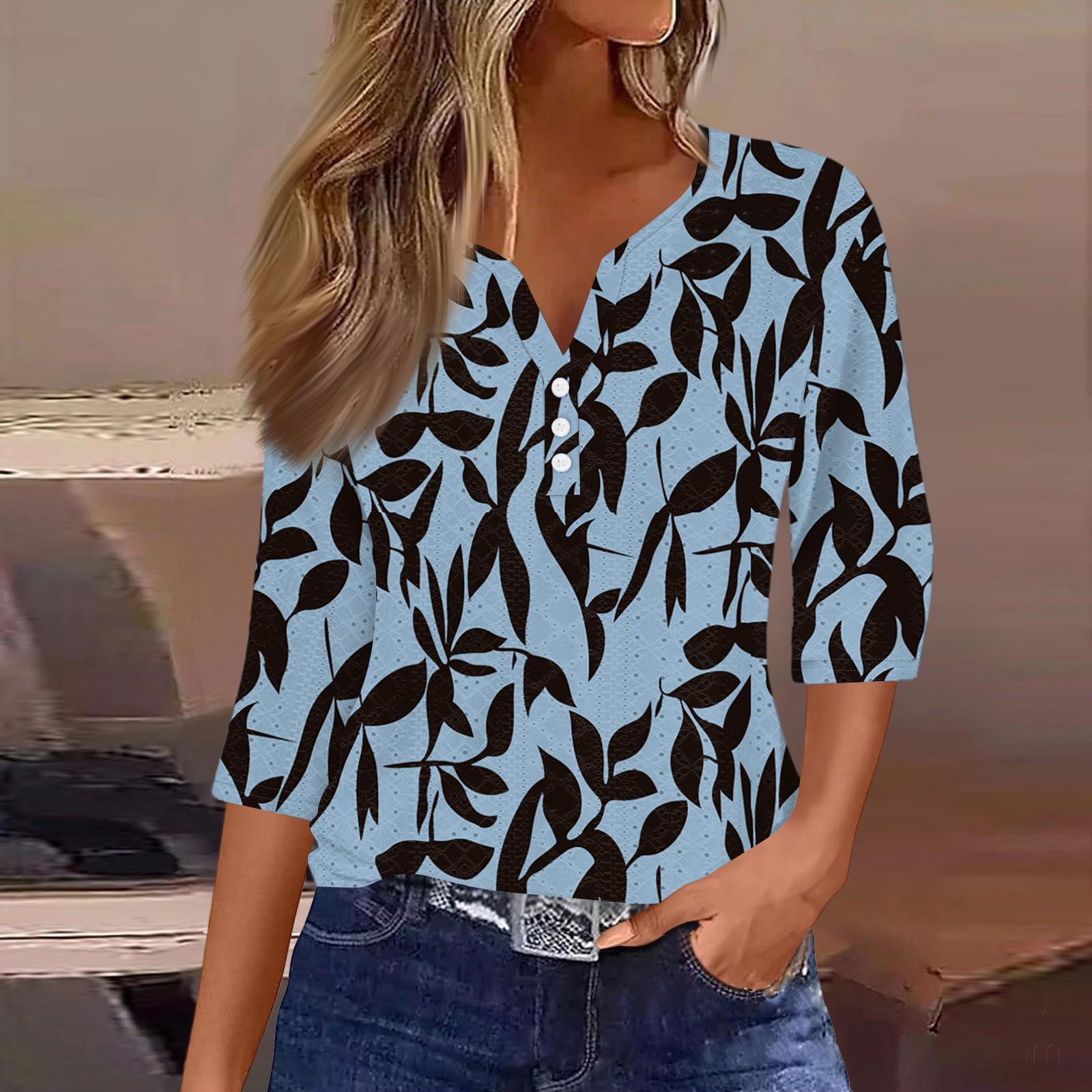 

Жен. Футболка Футболка С принтом Пуговицы Рукав 3/4Ежедневно Выходные Мода Классический Топ с v-образным вырезом Обычный XL синий