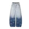 Mens Washed Denim Wide Leg Straight Cut Jeans With Gradient Star Print Streetwear Loose Fit